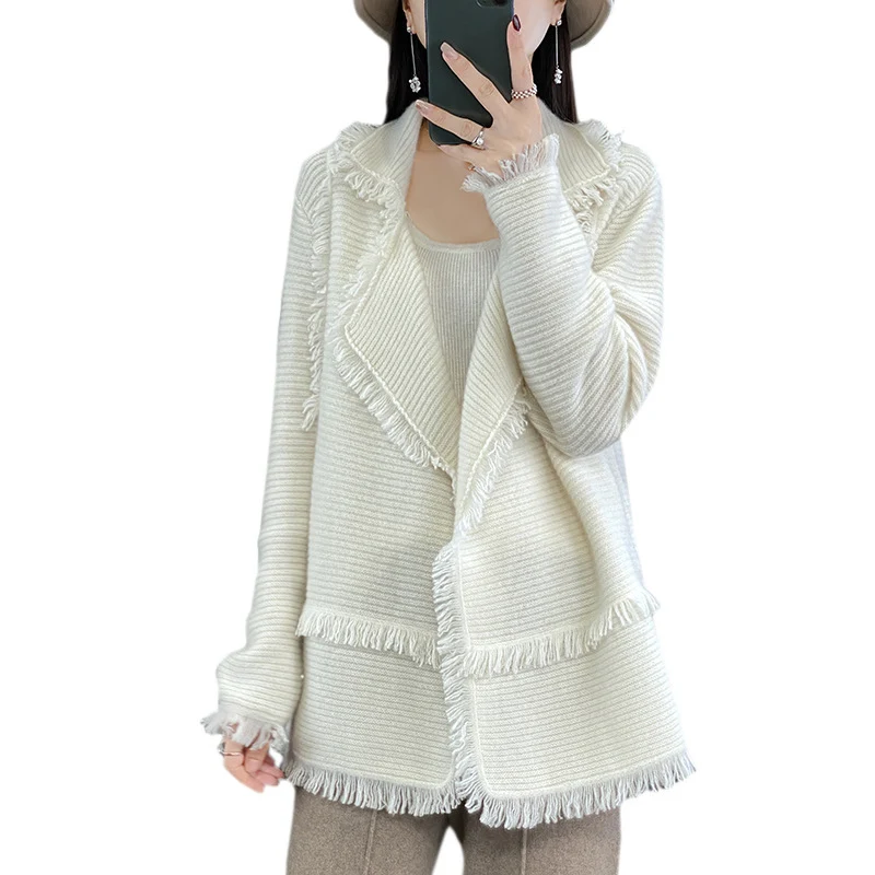 Damen Langer Fransen‑Strickcardigan mit großem Schalkragen und feiner Rippenstruktur Nord Taschen