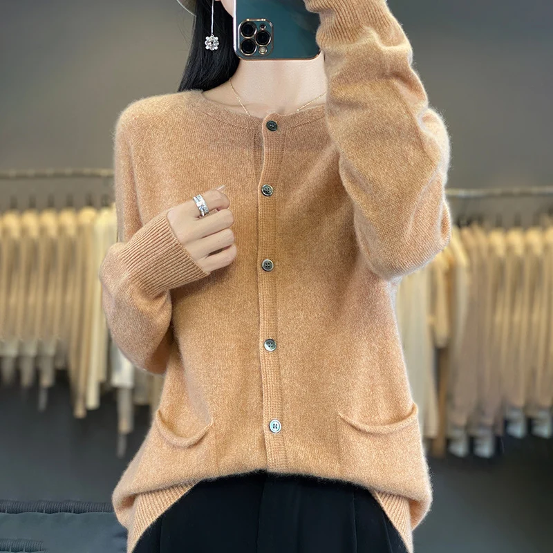 Damen Langer Feinstrick-Cardigan mit Rundhalsausschnitt, Eingrifftaschen und Alpaka-Mix Nord Taschen