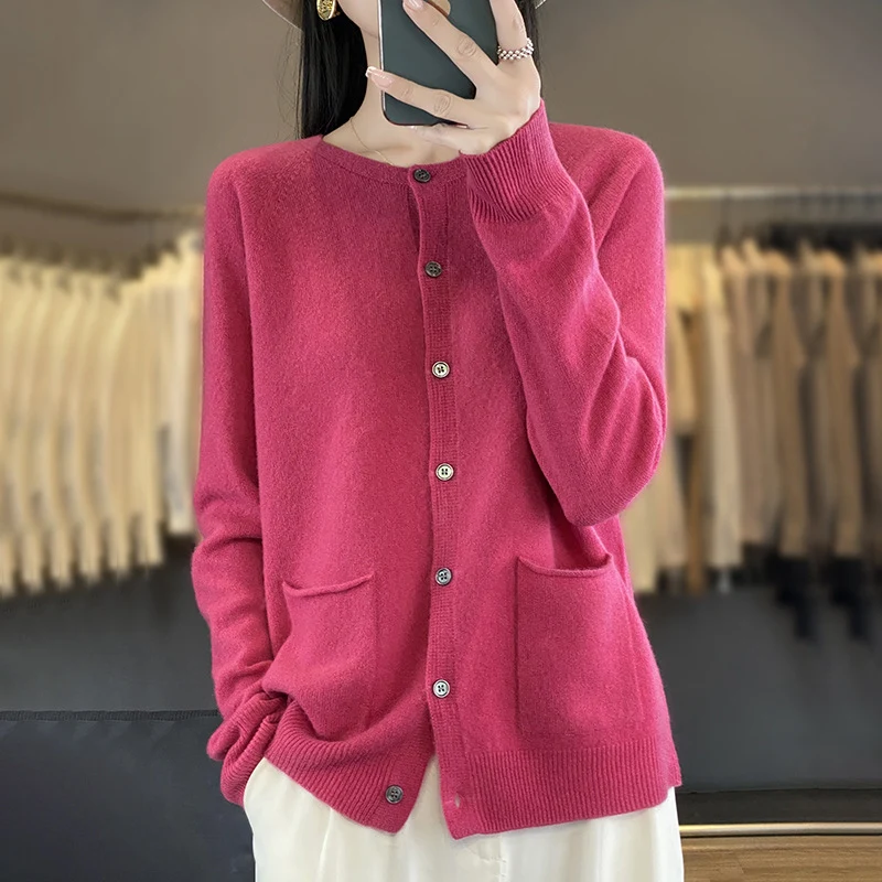 Damen Langer Feinstrick-Cardigan mit Rundhalsausschnitt, Eingrifftaschen und Alpaka-Mix Nord Taschen