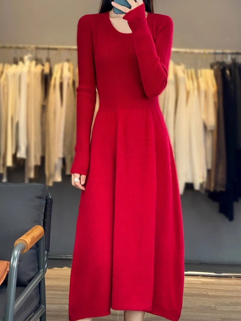 Damen Langärmeliges Midikleid aus Feinstrick mit taillierter A‑Linien‑Silhouette Nord Taschen