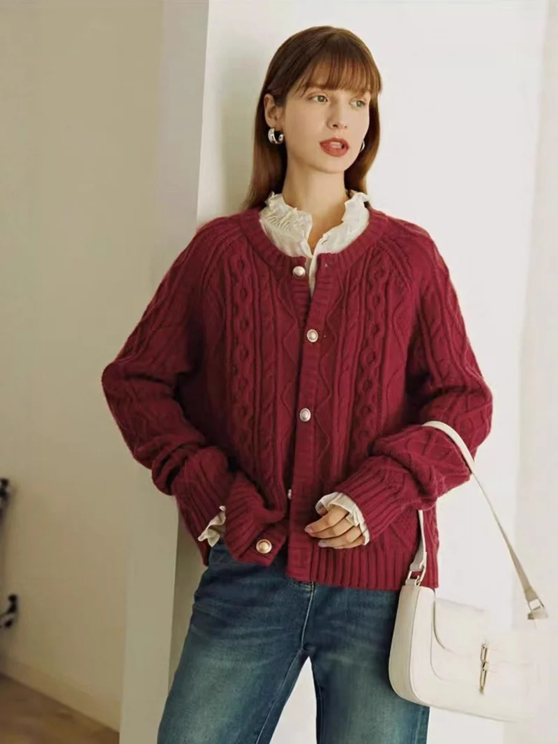 Damen Kuscheliger Zopf- und Rautenstrick-Cardigan mit Perlmuttknopfblende Nord Taschen