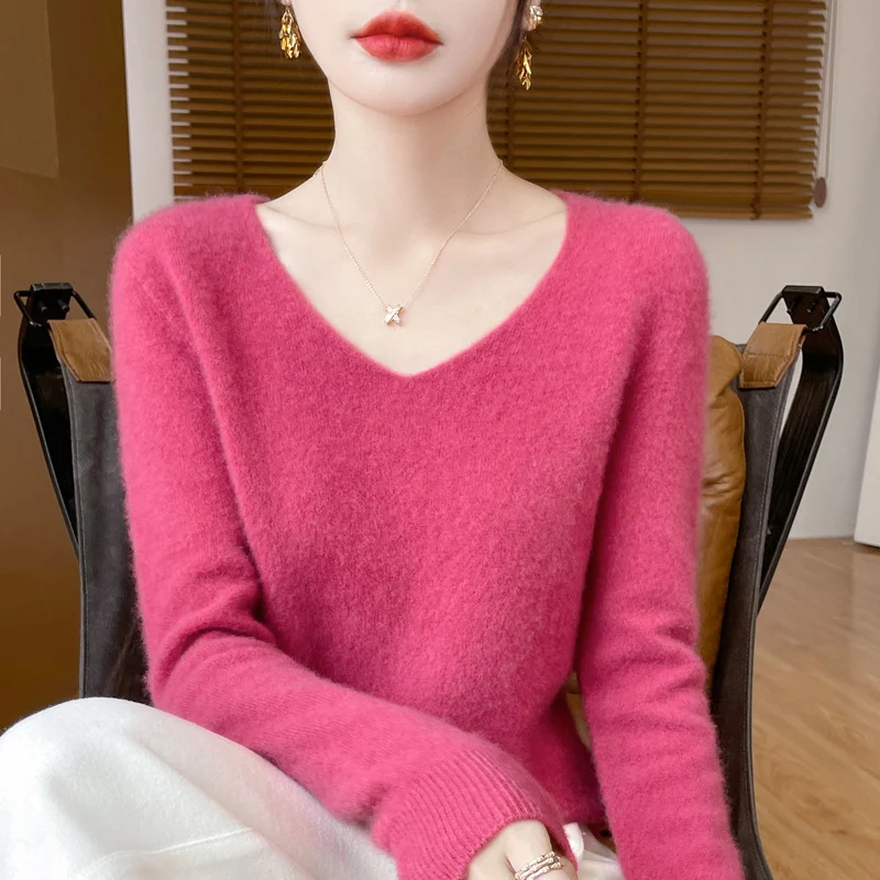 Damen Kuscheliger V‑Ausschnitt Feinstrickpullover aus Mohair‑Mix mit flauschiger Oberfläche Nord Taschen