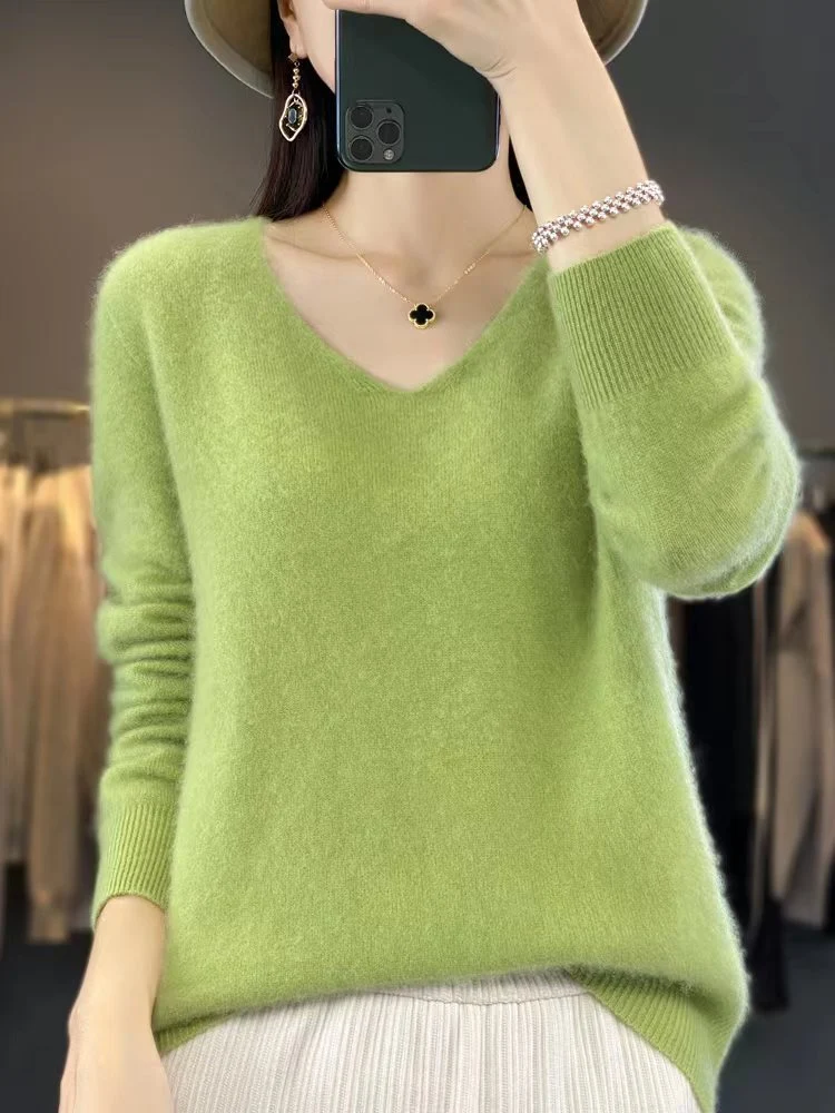 Damen Kuscheliger V‑Ausschnitt Feinstrickpullover aus Mohair‑Mix mit flauschiger Oberfläche Nord Taschen