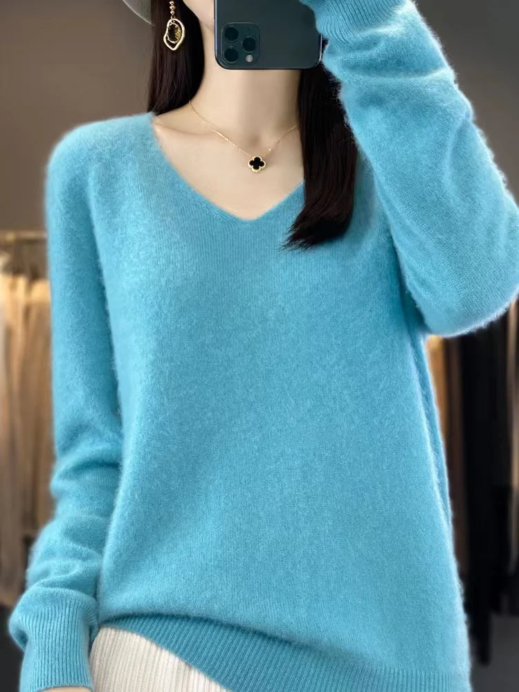 Damen Kuscheliger V‑Ausschnitt Feinstrickpullover aus Mohair‑Mix mit flauschiger Oberfläche Nord Taschen