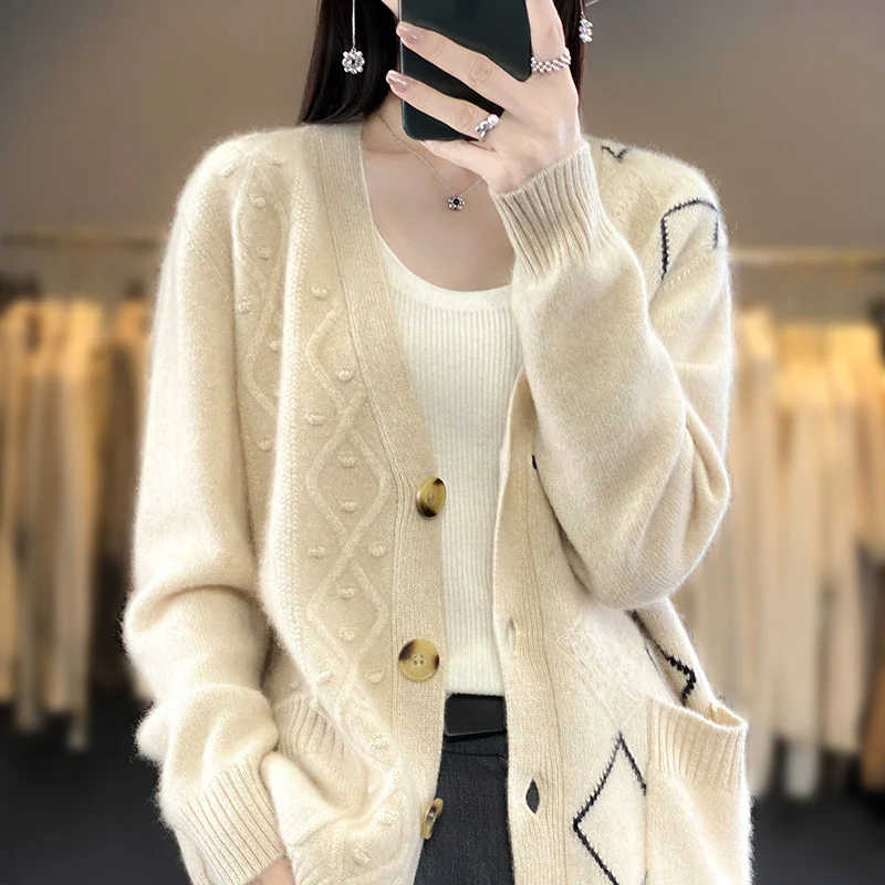 Damen Kuscheliger Oversize-Cardigan mit Ajour‑ und Rautendetail Nord Taschen