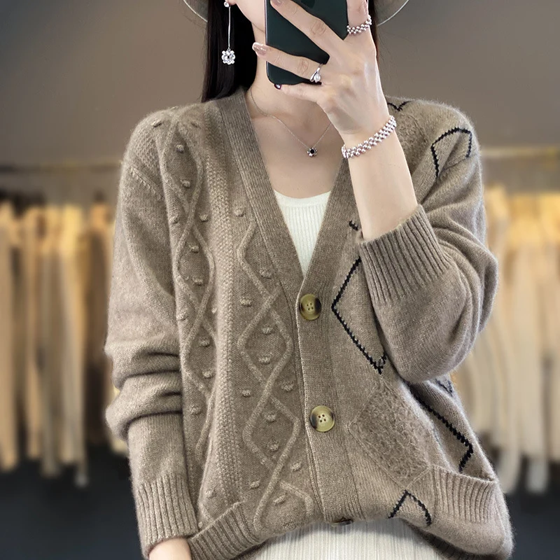 Damen Kuscheliger Oversize-Cardigan mit Ajour‑ und Rautendetail Nord Taschen
