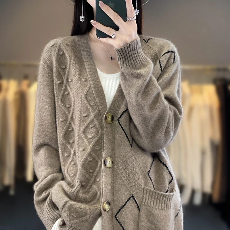 Damen Kuscheliger Oversize-Cardigan mit Ajour‑ und Rautendetail Nord Taschen