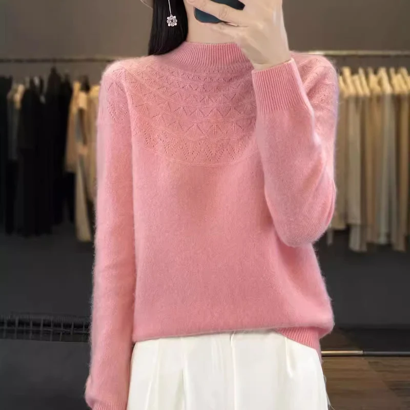 Damen Kuscheliger Mohair‑Optik Pullover mit Zierstruktur am Oberteil und Stehkragen Nord Taschen