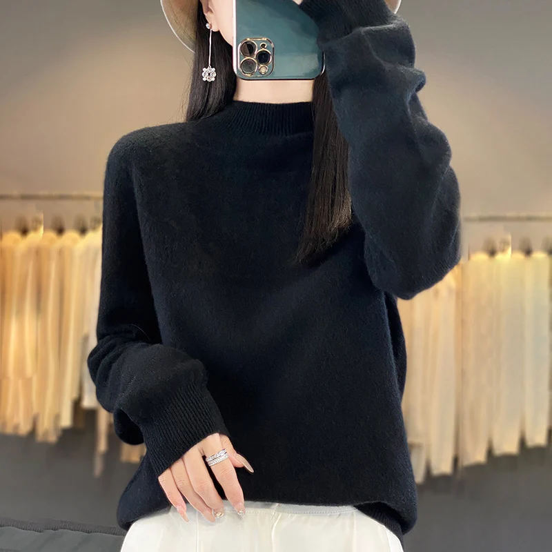 Damen Kuscheliger Mohair‑Optik Pullover mit Zierstruktur am Oberteil und Stehkragen Nord Taschen