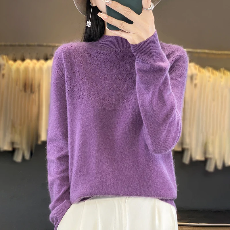 Damen Kuscheliger Mohair‑Optik Pullover mit Zierstruktur am Oberteil und Stehkragen Nord Taschen
