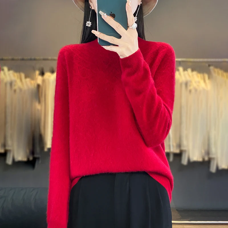 Damen Kuscheliger Mohair‑Optik Pullover mit Zierstruktur am Oberteil und Stehkragen Nord Taschen