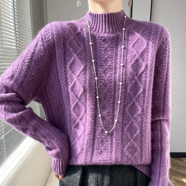 Damen Kuscheliger Mohair‑Optik Mockneckpullover mit Rautenzopfstruktur und kastiger Silhouette Nord Taschen