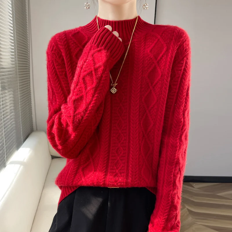 Damen Kuscheliger Mohair‑Optik Mockneckpullover mit Rautenzopfstruktur und kastiger Silhouette Nord Taschen