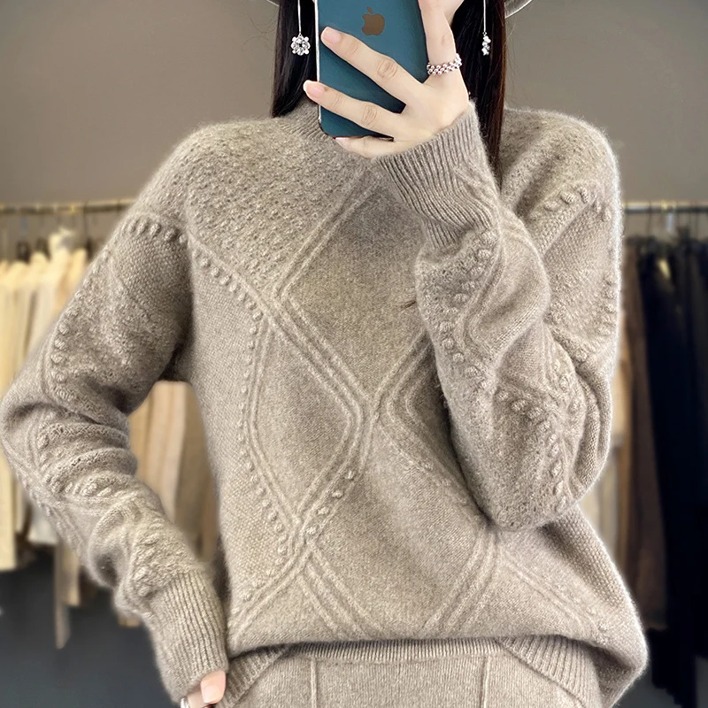 Damen Kuscheliger Mohair‑Look Oversize‑Pullover mit Rautenstruktur und Noppen‑Details Nord Taschen