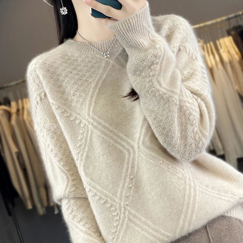 Damen Kuscheliger Mohair‑Look Oversize‑Pullover mit Rautenstruktur und Noppen‑Details Nord Taschen