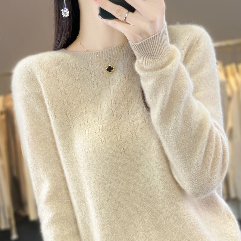 Damen Kuscheliger Midweight Rundhals-Pullover aus Angora-Blend mit feinem Flor und schmalem Bündchen Nord Taschen