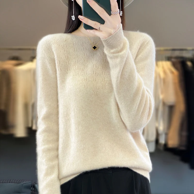 Damen Kuscheliger Midweight Rundhals-Pullover aus Angora-Blend mit feinem Flor und schmalem Bündchen Nord Taschen