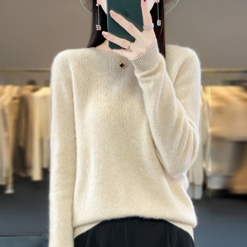 Damen Kuscheliger Midweight Rundhals-Pullover aus Angora-Blend mit feinem Flor und schmalem Bündchen Nord Taschen