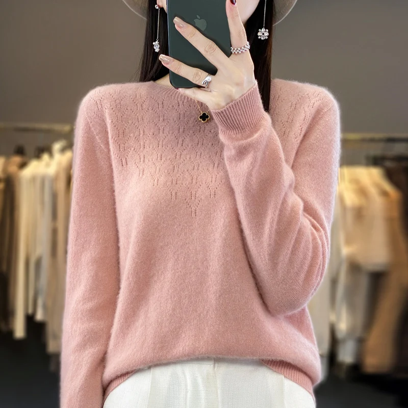 Damen Kuscheliger Midweight Rundhals-Pullover aus Angora-Blend mit feinem Flor und schmalem Bündchen Nord Taschen