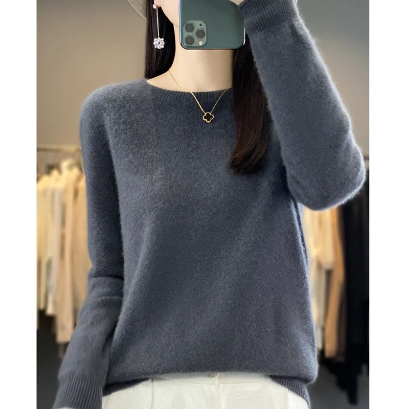 Damen Kuscheliger Midweight Rundhals-Pullover aus Angora-Blend mit feinem Flor und schmalem Bündchen Nord Taschen