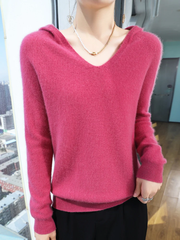 Damen Kuscheliger Kapuzenpullover im Angora‑Look mit feinem Rippbund Nord Taschen