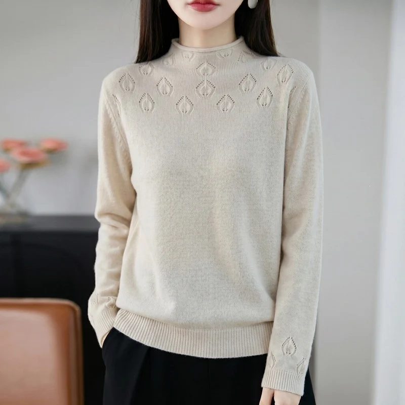 Damen Kurzrollkragenpullover aus Feinstrick mit Ajour‑Yoke und geripptem Saum Nord Taschen