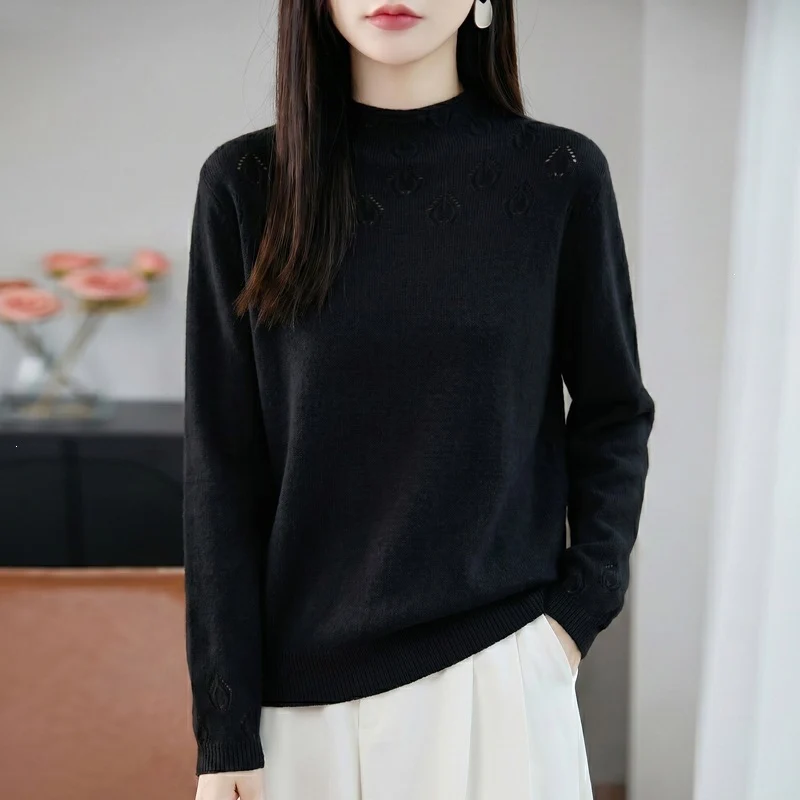 Damen Kurzrollkragenpullover aus Feinstrick mit Ajour‑Yoke und geripptem Saum Nord Taschen