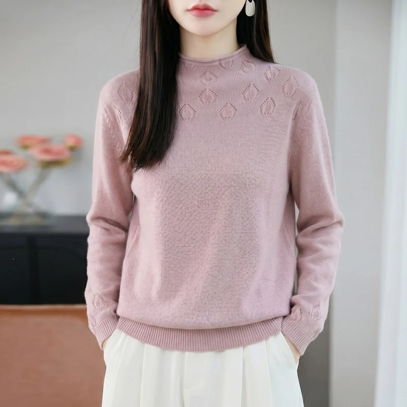 Damen Kurzrollkragenpullover aus Feinstrick mit Ajour‑Yoke und geripptem Saum Nord Taschen