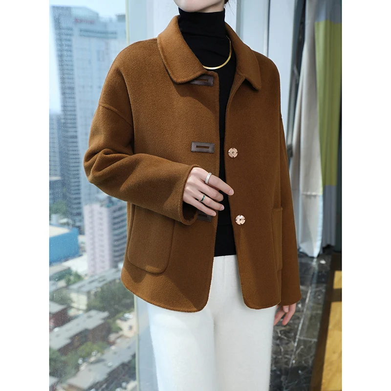 Damen Kurzmantel aus Wollmix mit Hemdkragen, kastiger Silhouette und Eingrifftaschen Nord Taschen