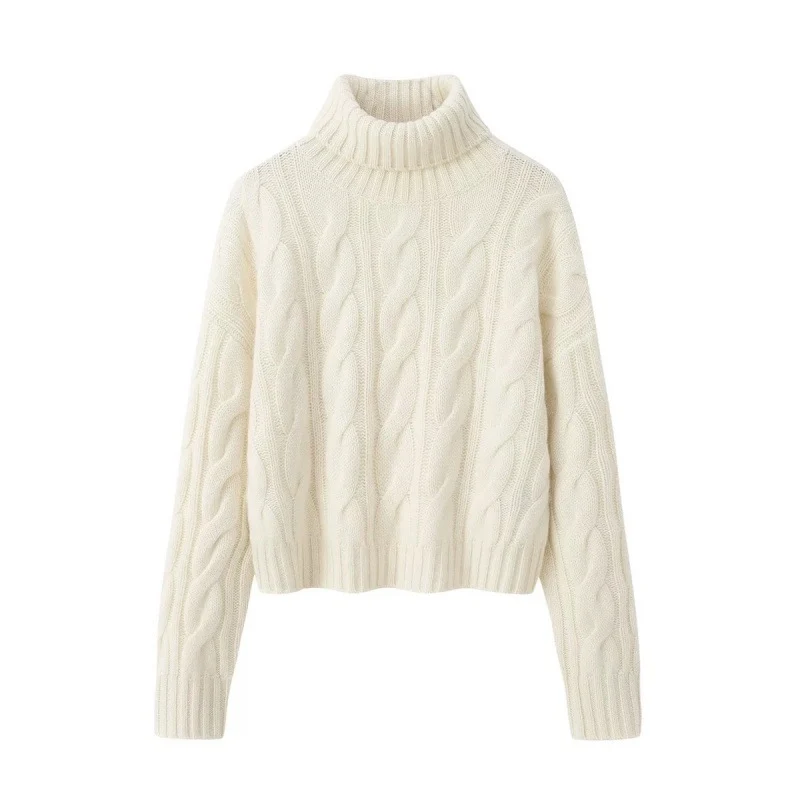 Damen Kurzgeschnittener Zopfmuster‑Turtleneckpullover mit kastiger Silhouette Nord Taschen