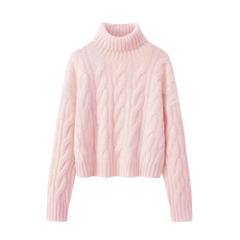 Damen Kurzgeschnittener Zopfmuster‑Turtleneckpullover mit kastiger Silhouette Nord Taschen