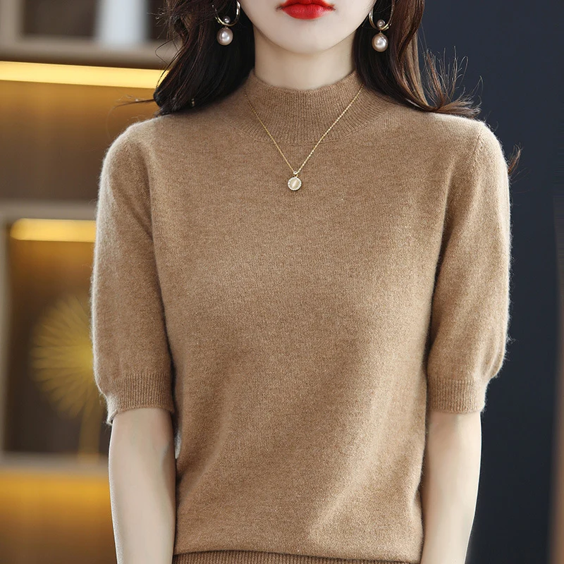 Damen Kurzärmeliger Feinstrick-Pullover mit halbem Rollkragen Nord Taschen