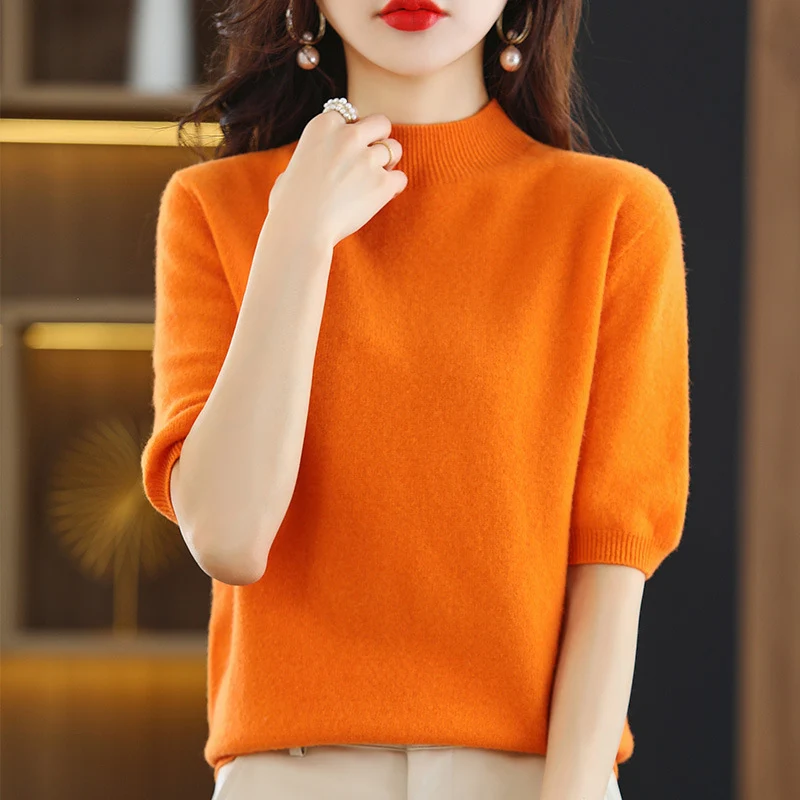 Damen Kurzärmeliger Feinstrick-Pullover mit halbem Rollkragen Nord Taschen