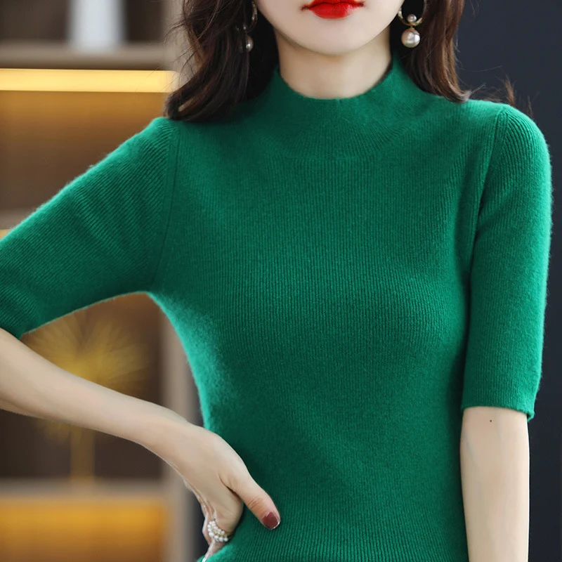 Damen Kurzarm-Feinstrickpullover mit Stehkragen und taillierter Passform Nord Taschen