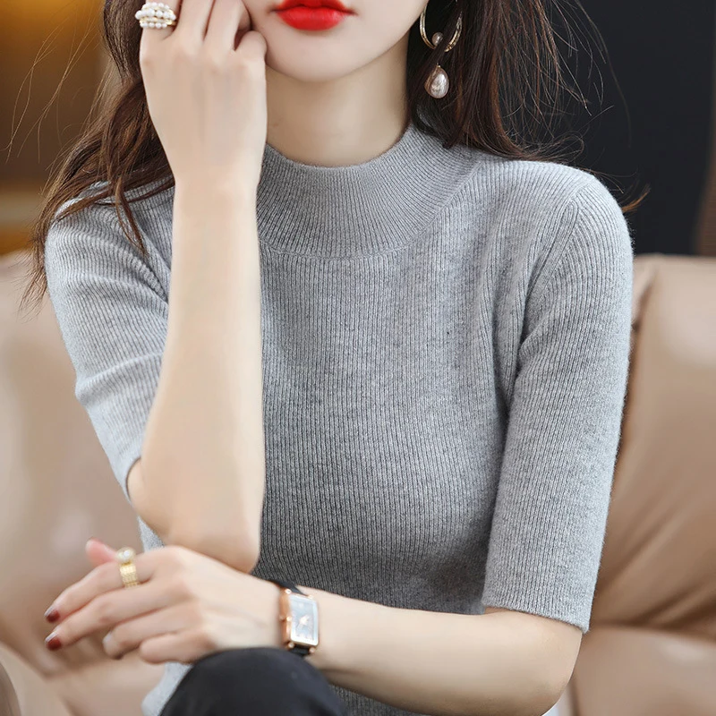 Damen Kurzarm-Feinstrickpullover mit Stehkragen und taillierter Passform Nord Taschen
