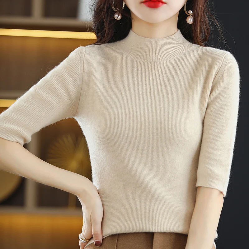 Damen Kurzarm-Feinstrickpullover mit Stehkragen und taillierter Passform Nord Taschen