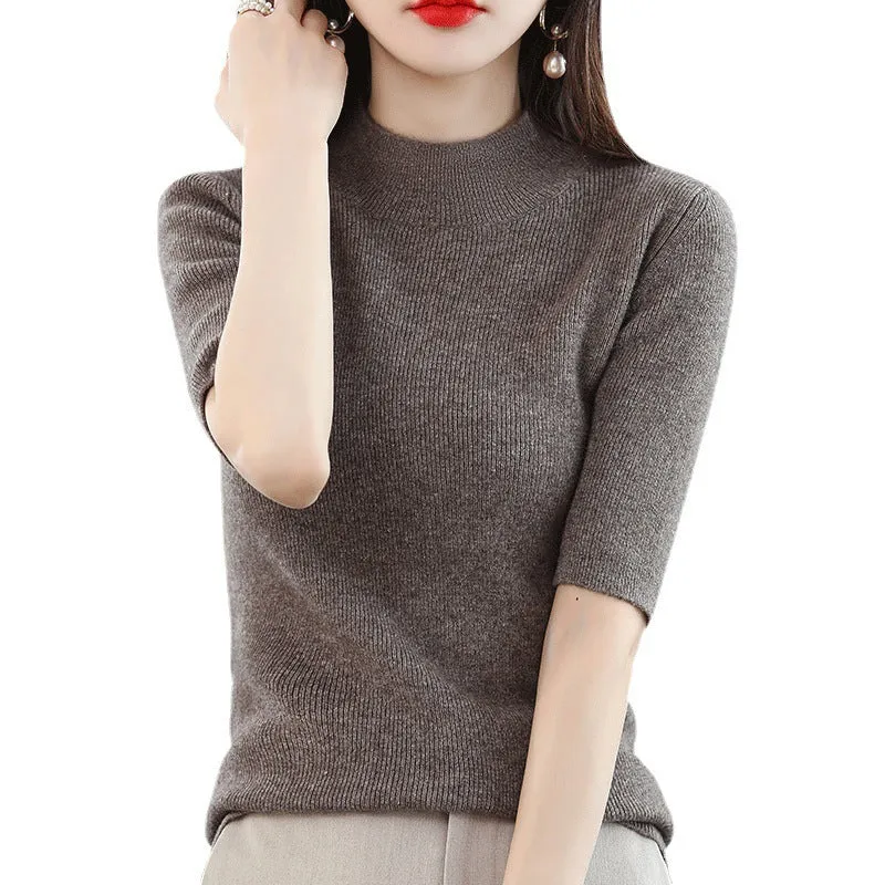 Damen Kurzarm-Feinstrickpullover mit Stehkragen und taillierter Passform Nord Taschen