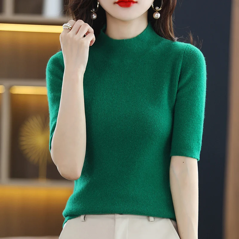 Damen Kurzarm-Feinstrickpullover mit Stehkragen und taillierter Passform Nord Taschen