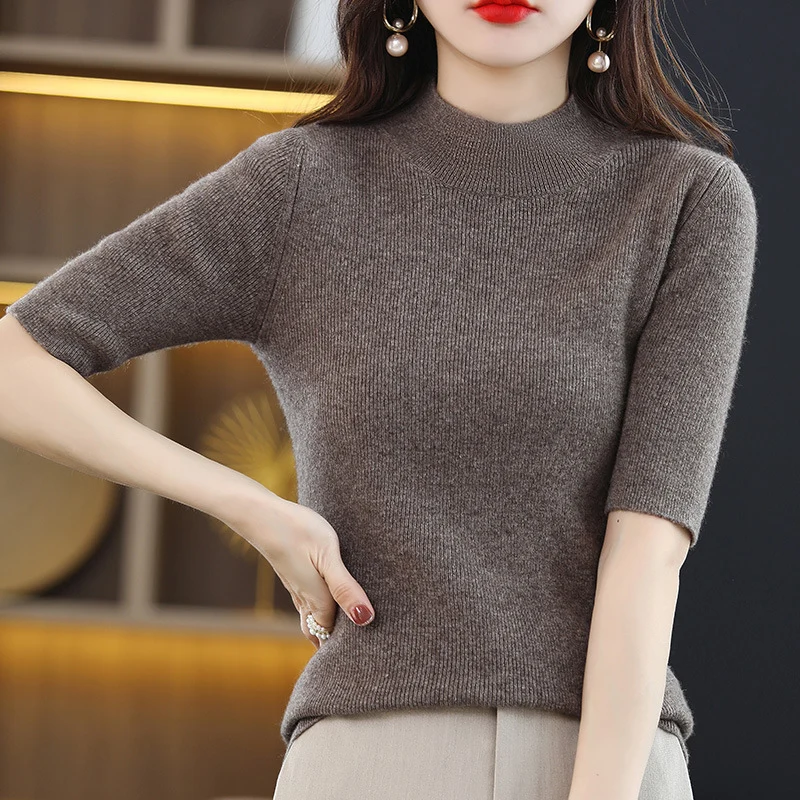 Damen Kurzarm-Feinstrickpullover mit Stehkragen und taillierter Passform Nord Taschen