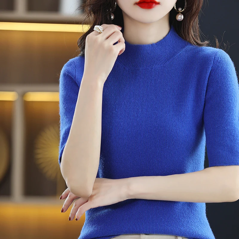 Damen Kurzarm-Feinstrickpullover mit Stehkragen und taillierter Passform Nord Taschen