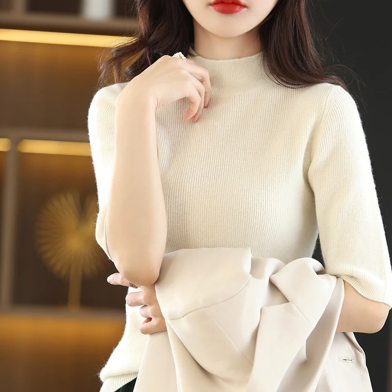 Damen Kurzarm-Feinstrickpullover mit Stehkragen und taillierter Passform Nord Taschen
