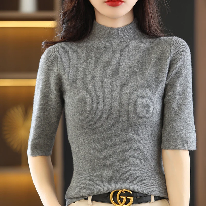 Damen Kurzarm-Feinstrickpullover mit Stehkragen und taillierter Passform Nord Taschen