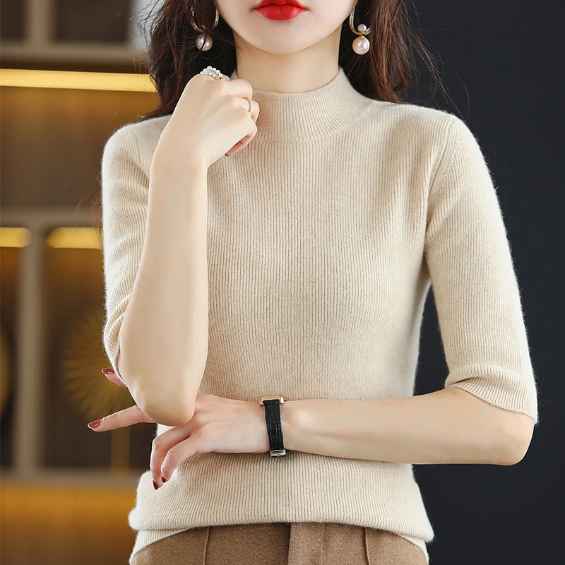 Damen Kurzarm-Feinstrickpullover mit Stehkragen und taillierter Passform Nord Taschen