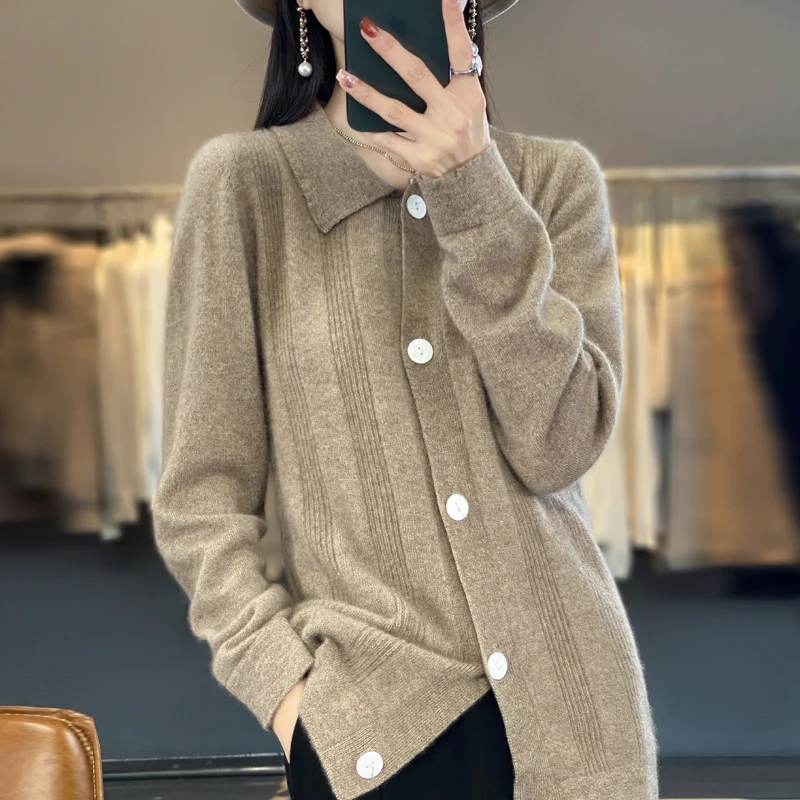Damen Knopfcardigan mit Hemdkragen und feiner Längsrippenstruktur Nord Taschen