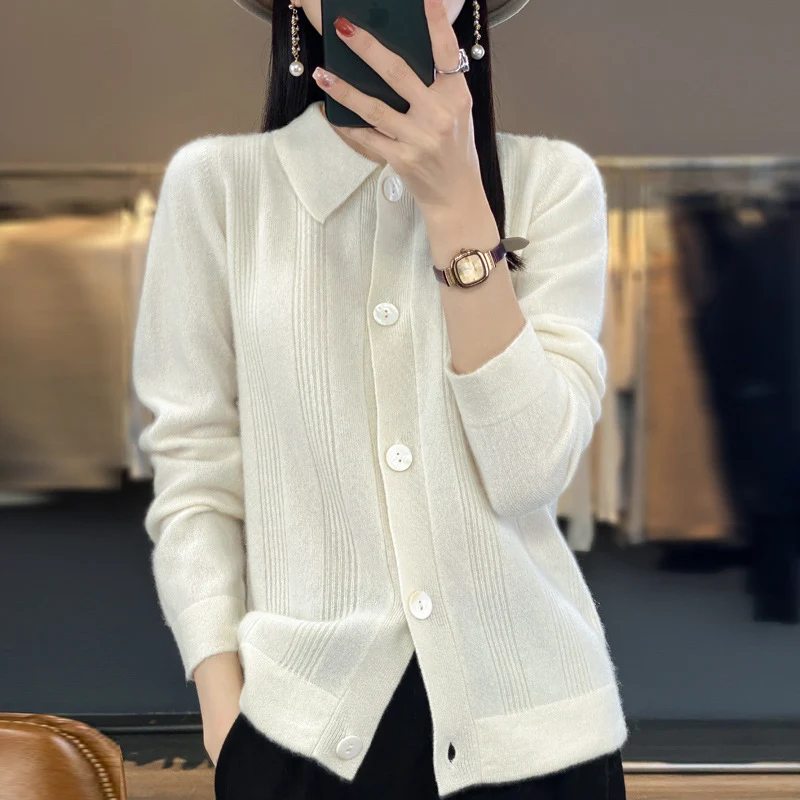 Damen Knopfcardigan mit Hemdkragen und feiner Längsrippenstruktur Nord Taschen
