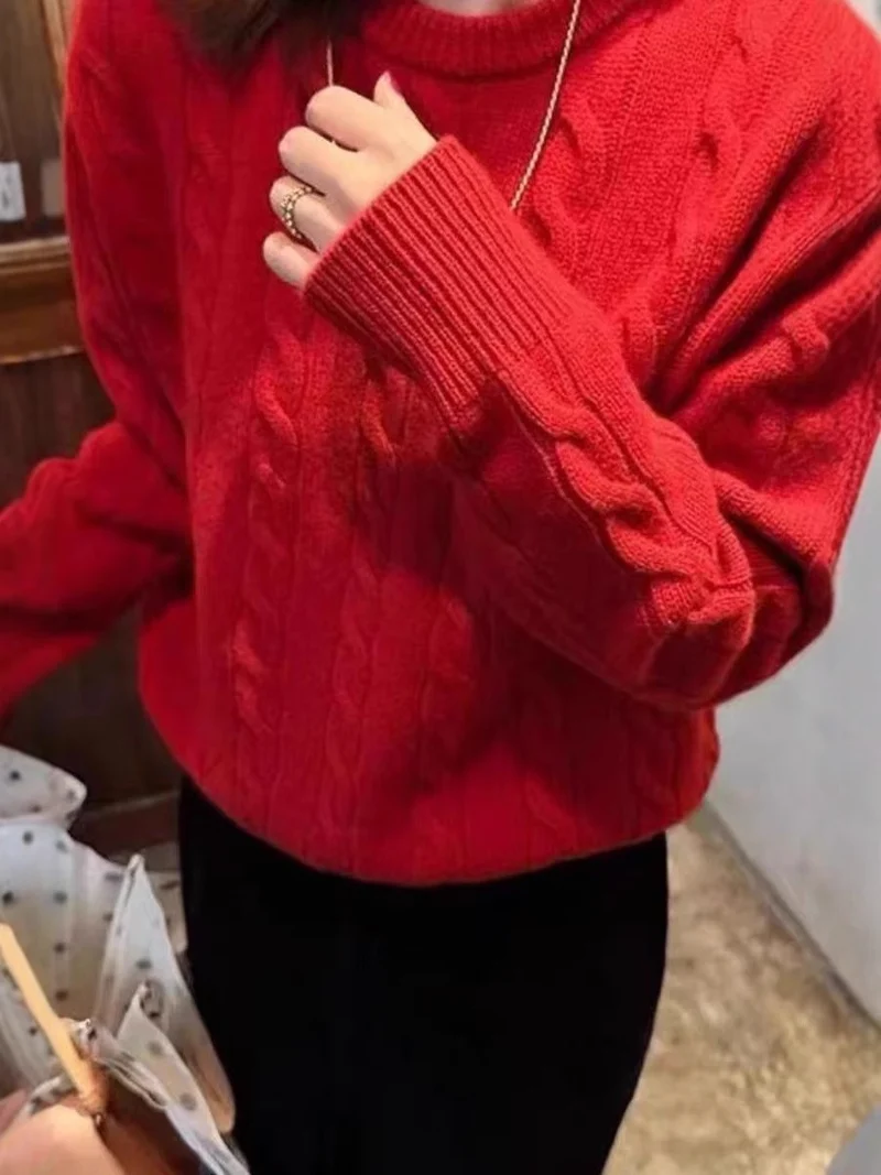 Damen Kastiger Kabelstrick‑Pullover mit Rundhals, extraweichem Wollmix und gerippten Bündchen Nord Taschen