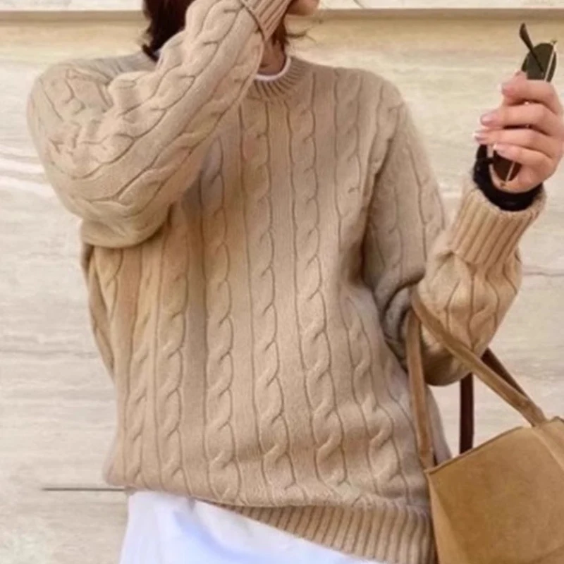 Damen Kastiger Kabelstrick‑Pullover mit Rundhals, extraweichem Wollmix und gerippten Bündchen Nord Taschen