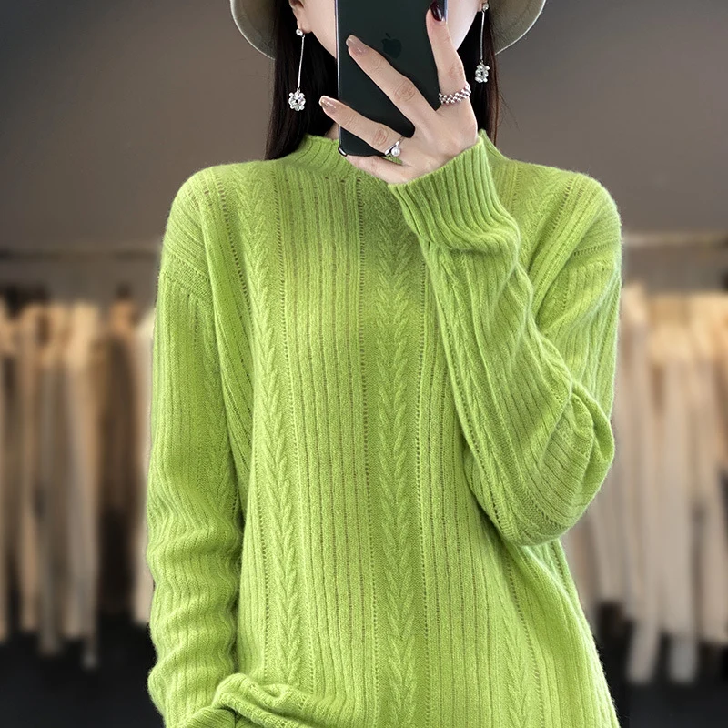 Damen Kaschmirähnlicher Feinstrick-Mockneckpullover mit Ajour‑Zopfmuster und lässiger Oversize‑Passform Nord Taschen