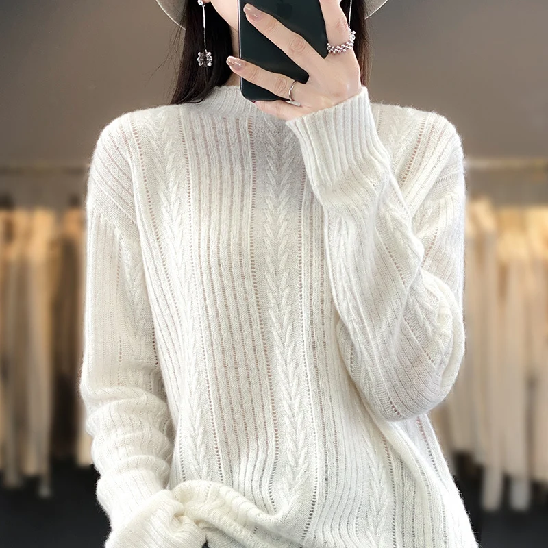Damen Kaschmirähnlicher Feinstrick-Mockneckpullover mit Ajour‑Zopfmuster und lässiger Oversize‑Passform Nord Taschen