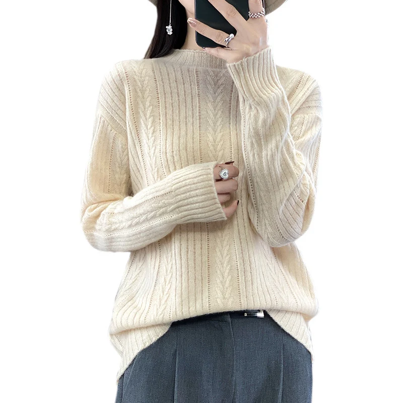 Damen Kaschmirähnlicher Feinstrick-Mockneckpullover mit Ajour‑Zopfmuster und lässiger Oversize‑Passform Nord Taschen